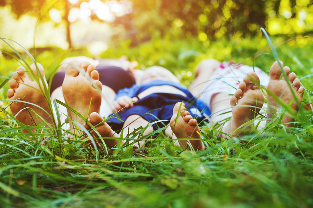 family laying on the park